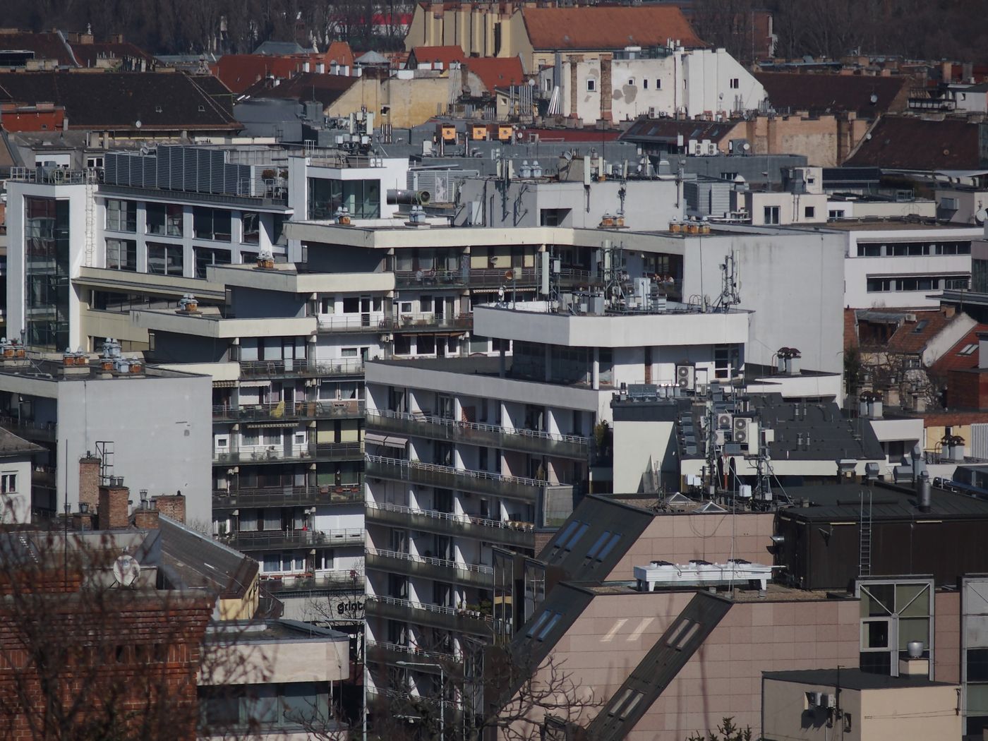 Contemporary mixed-use city district with varied buildings